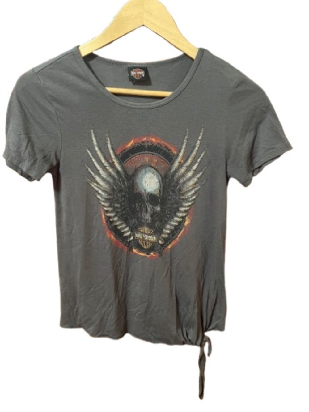 Harley-Davidson Boswell’s Black Gray Skull & Wings Tie-Hem Tee Shirt Size XS